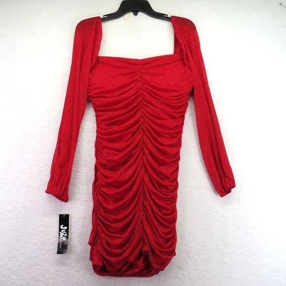 Jump Apparel Dress Size XL Red Long Sleeve Ruched Glitter Mini Knotched Neck New - Picture 3 of 11